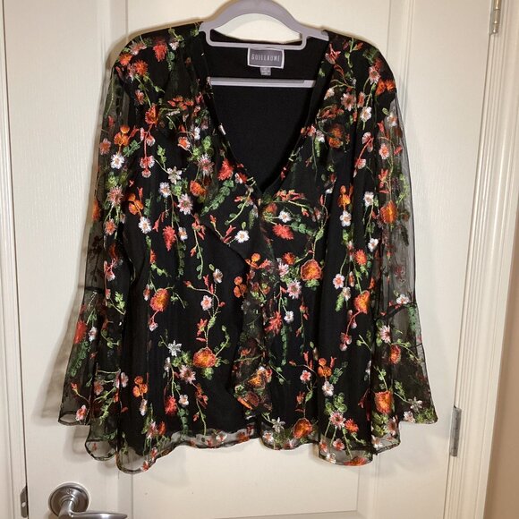 Guillaume Women's Sheer Top Blouse Size 2X Floral Embroidered Bell Sleeves Fairy - Picture 2 of 8